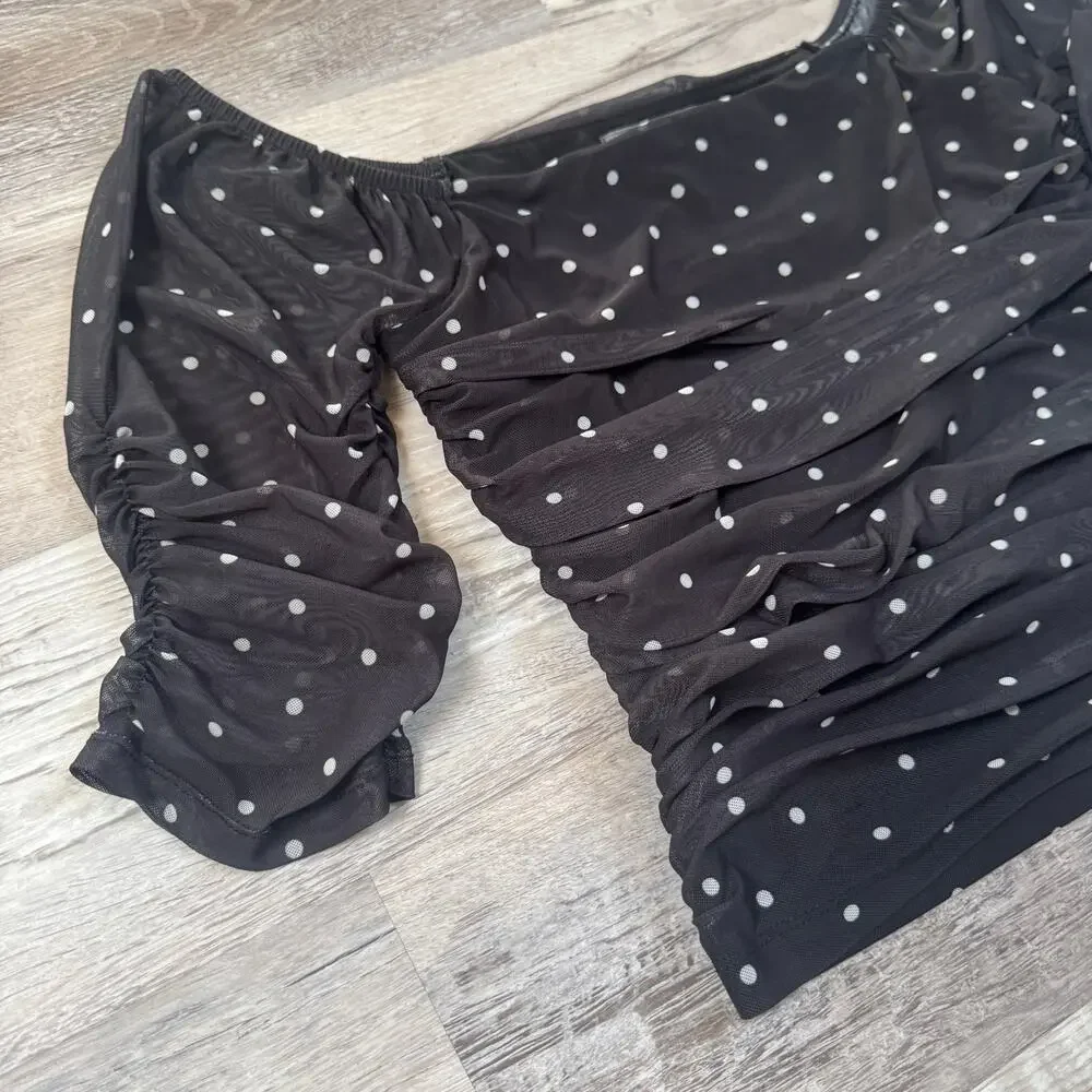 Anthropologie Black Polka Dot Mesh Ruched Puff Sleeve Coquette Top Fall Y2K XS